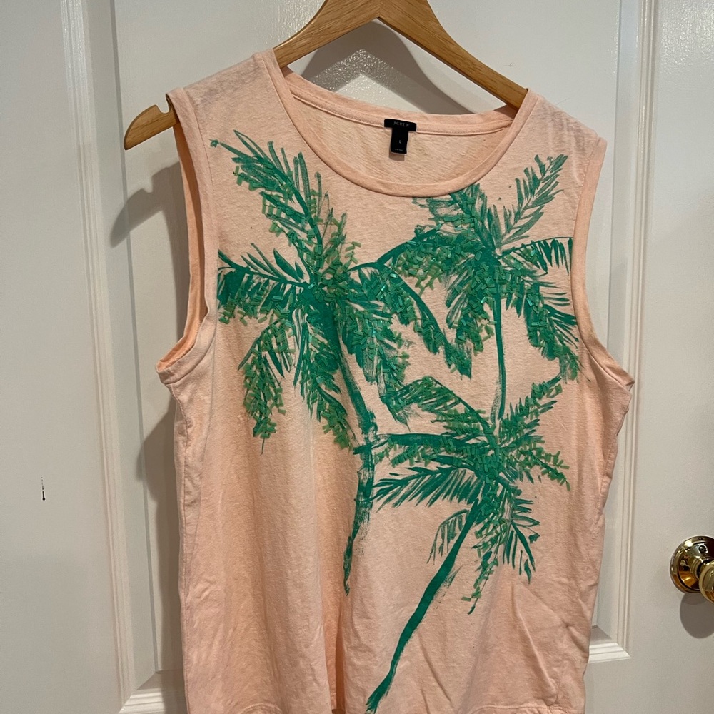 JCrew blush sleeveless tank with sequin palm trees